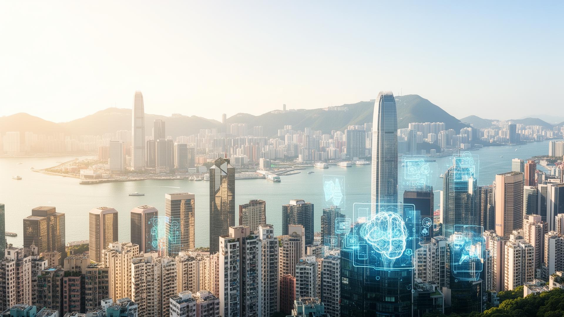 Hong Kong skyline at golden hour with an AI intelligence overlay