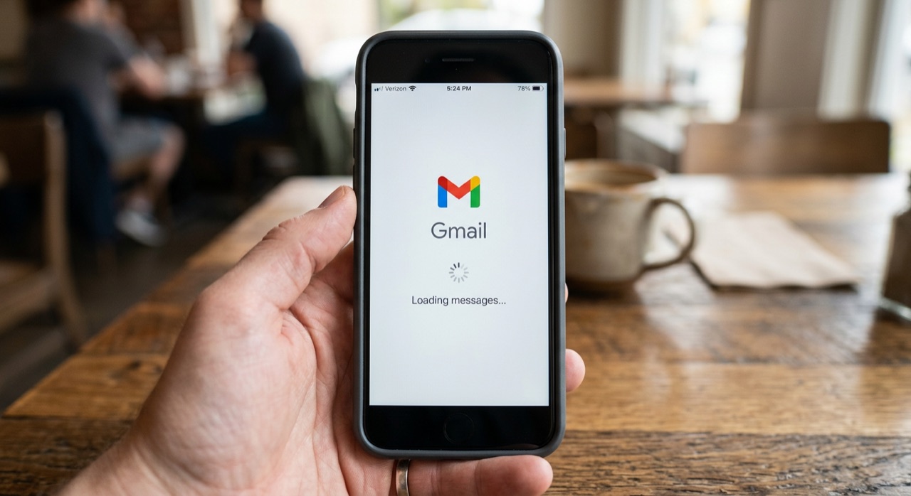 A hand holding a phone opening Gmail in a cafe — everyday AI working quietly