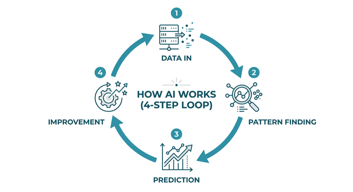Diagram of how AI works as a four-step loop: data in, pattern finding, prediction, improvement