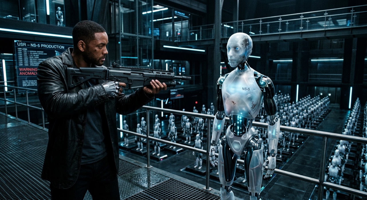 A man confronting a humanoid robot in a sci-fi film scene — the popular image of AI